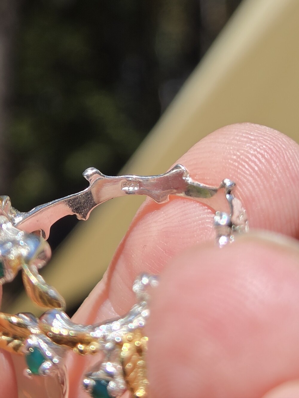 Opal & Green Onyx Leaf Ring Sterling & Gold Sz10 Adjustable - Picture 7 of 8